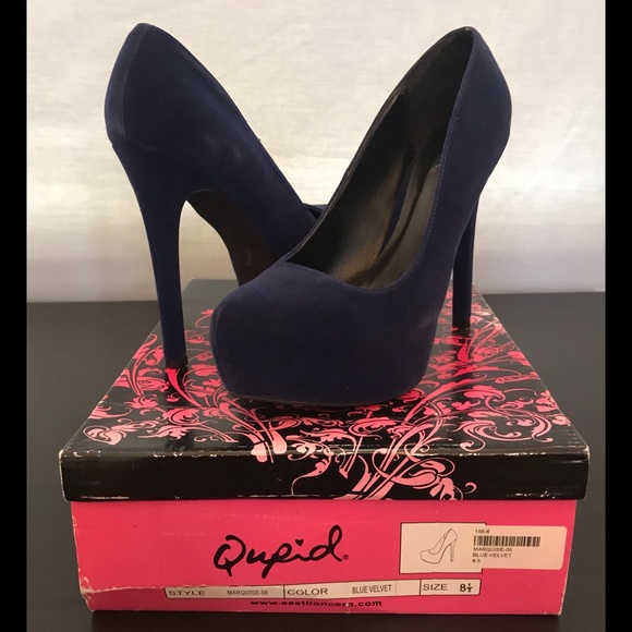 Qupid Shoes - Blue Velvet Almond Toe Heels